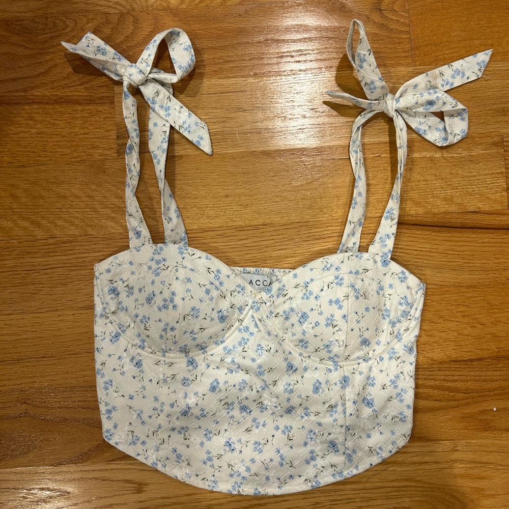 ACOA Women's Floral Bow Strap Tank Top - White and Blue